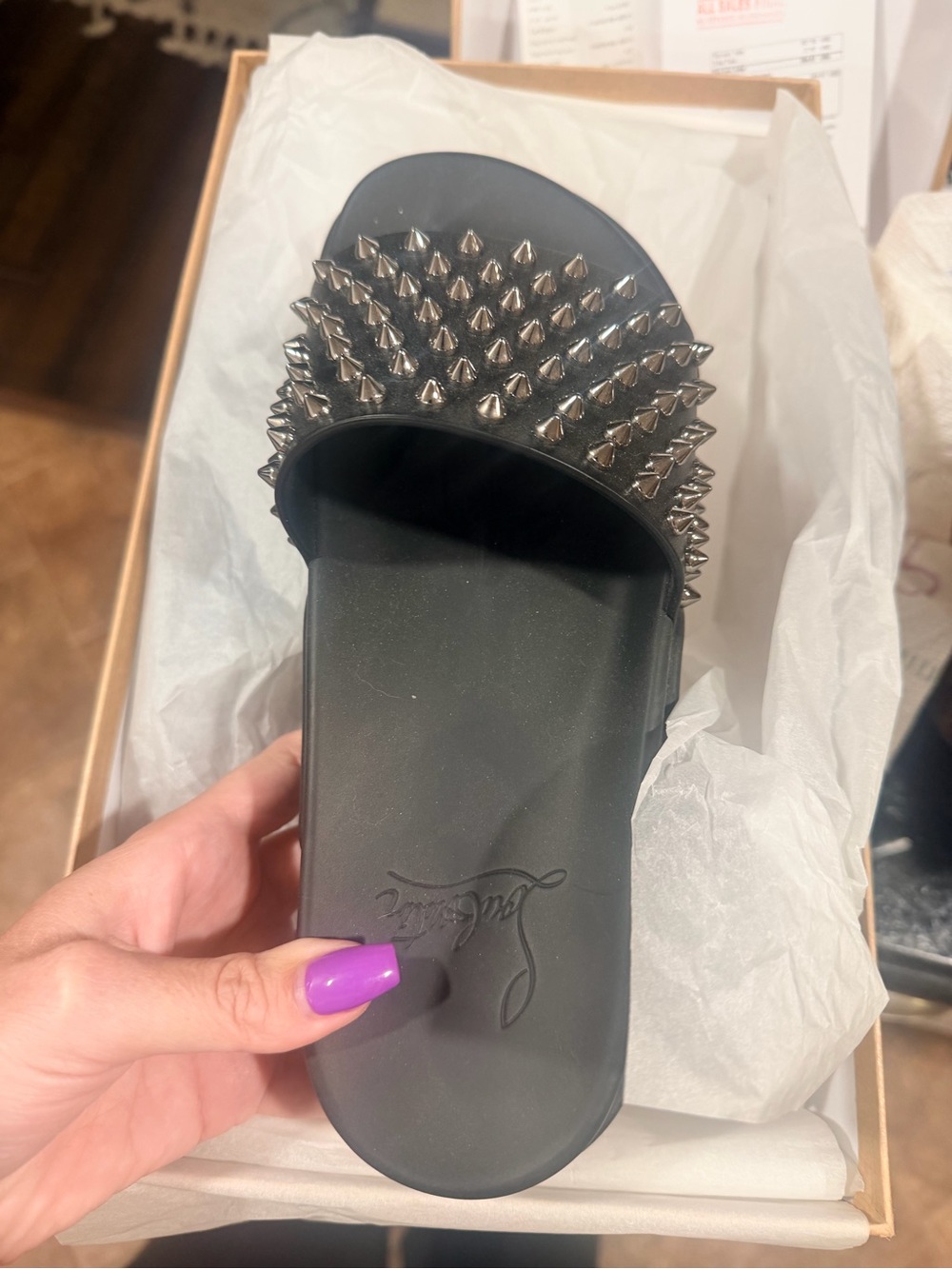 Christian Louboutin Black Slide Sandals with Silver Spikes